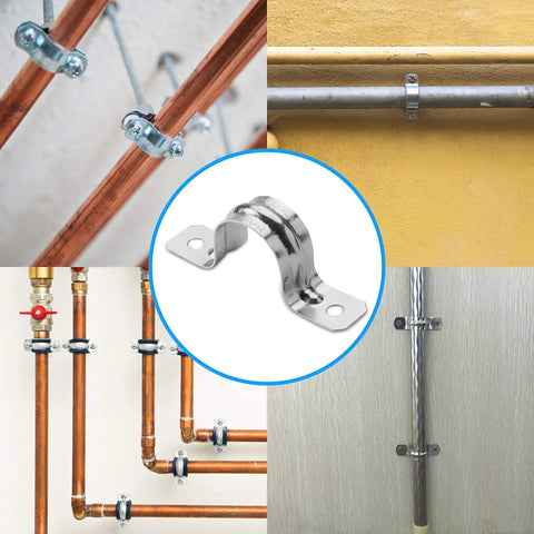 Heavy Duty Pipe Straps Two Hole EMT Conduit Clamps Half Inch Galvanized Steel U Brackets installed on various pipes.