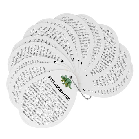 Close-up of information cards from Jumbo Dino Egg Surprise With Twelve Collectible Dinosaurs Inside One Giant Easter Egg For Easter Gifts And Stem Learning Dig Up Jurassic Figures For Boys And Girls.