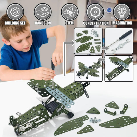 Child assembling Metal Plane Toy Buildable Fighter Jet Kit For Kids And Teens With Propeller Double Wing Cockpit And Tailplane