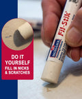 Pro Level Off White Wood Repair Putty Stick For Fixing Furniture Scratches And Trim Gouges Easy Glide Wax Filler Kit being used.