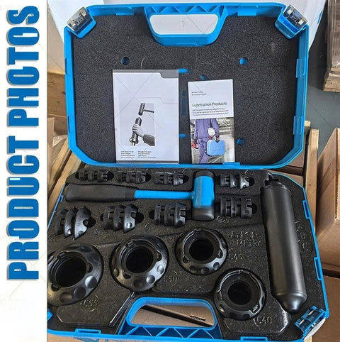 Open toolbox of Easy Bearing Install And Removal Kit with 36 impact rings and 3 tools, pro grade DIY set.