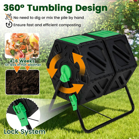 Dual Chamber Outdoor Compost Tumbler With Aeration Built Tough Heavy Duty Rotating Composter 2 Sliding Doors 34.5 Gallon Bin