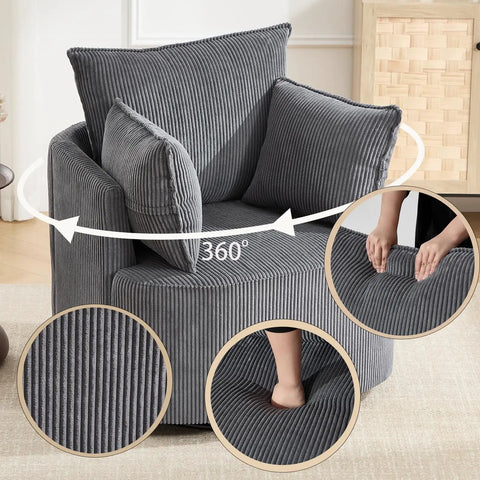 360 Degree Swivel Accent Chair In Corduroy Gray, Upholstered Barrel Reading Chair With Reclining Armchair For Living Room, Bedroom, Office Or Apartment, Modern Cozy And Versatile
