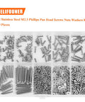 All In One Stainless Steel M2.5 Machine Screw Kit With Phillips Pan Head, 7 Sizes From 4mm To 20mm, Includes Hex Nuts, Lock Washers