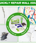 EZ Drywall Patch Kit With Waterproof Spackle And Heavy Duty Wall Mender For Quick Home Fixes shown with tools for wall cracks and graffiti.