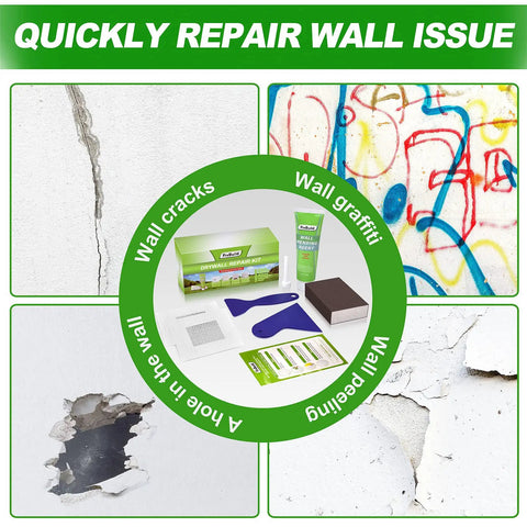 EZ Drywall Patch Kit With Waterproof Spackle And Heavy Duty Wall Mender For Quick Home Fixes shown with tools for wall cracks and graffiti.