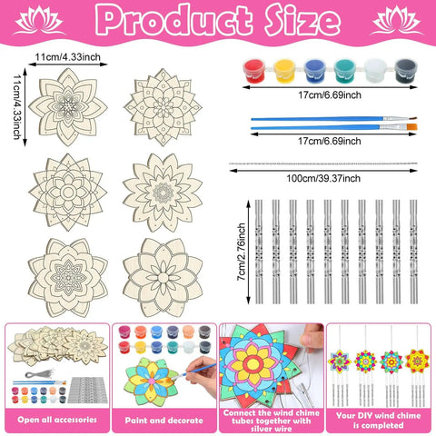 Lotus Flower Wind Chime Craft Kit For Kids 24 Piece Color Your Own Mandala Windchime DIY Unfinished Wood Hanging Ornaments Coloring Wind Chime Set With Paints Brushes And 39Inch Wire For Spring Summer Gifts And Parties product size and components.