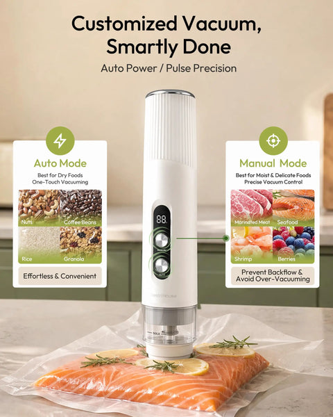 Handheld Vacuum Sealer Keeps Food Hella Fresh With Auto And Manual Modes For Wet And Dry Use, sealed salmon with herbs.
