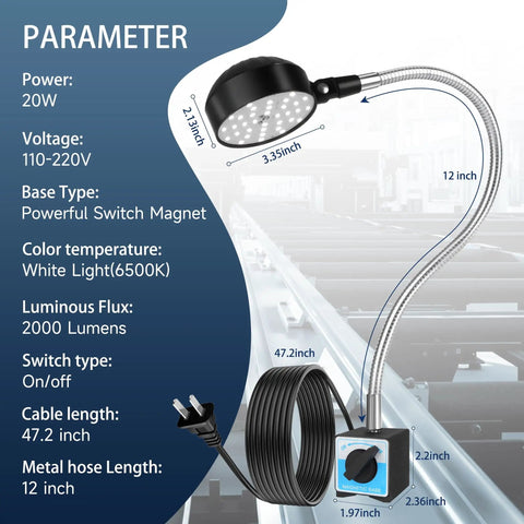 Diagram of Super Bright 2000 Lumen Magnetic Work Light With 12 Inch 360 Degree Flexible Gooseneck, Magnetic Base Desk Lamp For Lathe
