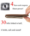 Ultra Slim Wallet For Men With RFID Blocking 13.56 MHz, Front Pocket Money Clip shown holding 30 bills, coffee color.