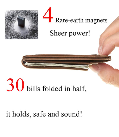Ultra Slim Wallet For Men With RFID Blocking 13.56 MHz, Front Pocket Money Clip shown holding 30 bills, coffee color.