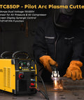 Person using an 85 Amp Plasma Cutter With HF Non-Touch Pilot Arc, Dual 110V/220V Inverter, Air Sensor Tech in a workshop.