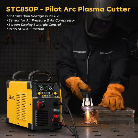 Person using an 85 Amp Plasma Cutter With HF Non-Touch Pilot Arc, Dual 110V/220V Inverter, Air Sensor Tech in a workshop.