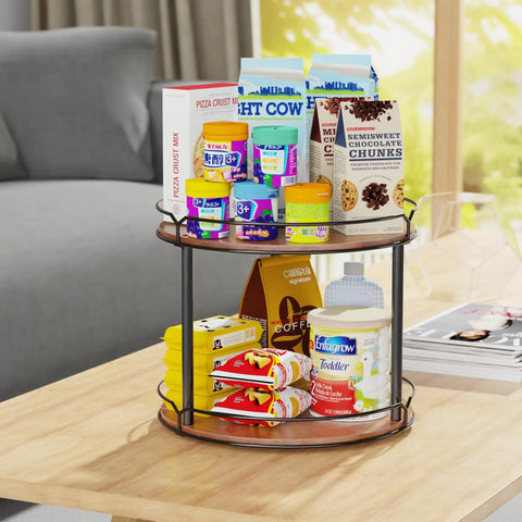12.4 Inch Two Tier Lazy Susan Organizer Rotating Wooden Spice Rack with food items on kitchen table