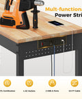 60 Inch Heavy Duty Workbench Built To Haul 2000 Lb Capacity With Rubber Wood Top, Pegboard, Built In Power Outlets, Drill in Use