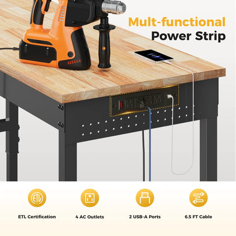 60 Inch Heavy Duty Workbench Built To Haul 2000 Lb Capacity With Rubber Wood Top, Pegboard, Built In Power Outlets, Drill in Use
