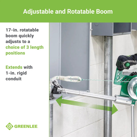 Greenlee G1 Versi-Tugger Handheld Cable Puller shows adjustable 17-in. rotatable boom for efficient electrical wiring tasks.