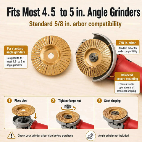 Three Piece Tungsten Carbide Wood Carving Disc Set For Your Angle Grinders With Polishing Pad Fits Four And A Half To Five Inch Grinders Seven Eighth Inch Arbor Includes Vibration Dampening Gaskets For Smooth Cutting Sanding And Shaping. 4.5-5 in grinder fit