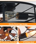 19 Inch Caged Ceiling Fan With Light Kit, Four Lights, low profile flush mount, shows metal cage, rustic blades, E26 bulbs.