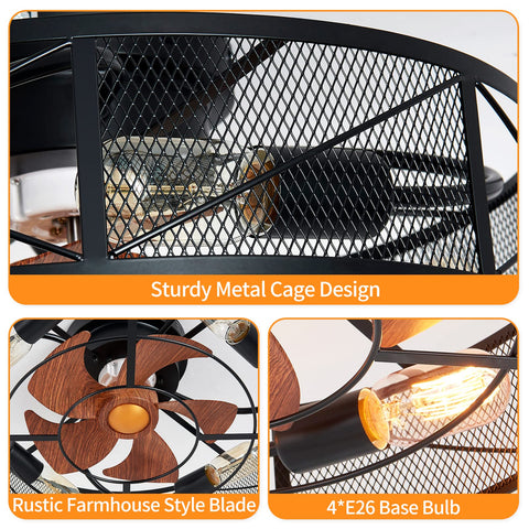 19 Inch Caged Ceiling Fan With Light Kit, Four Lights, low profile flush mount, shows metal cage, rustic blades, E26 bulbs.