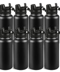 Bulk 8 Pack 32 Oz Double Wall Vacuum Insulated Stainless Steel Water Bottle With Leak Proof Flip Lid And Tote Handle, black color, ready for daily use.