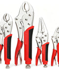 Locking Pliers Set Four-Piece With Heavy Duty Anti-Pinch Non-Slip Grip Curved Jaw Five Inch Seven Inch Ten Inch Plus Six And A Half Inch Long Nose Pliers Vise Grip Wrench Set For Versatile Quick Grips And Repetitive Use, showing various plier sizes with red handles.