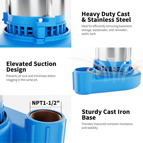 1HP 6000 GPH Submersible Sump Pump For Sewage And Effluent Built Tough In Cast Iron 115V Residential Septic Pump For Basements And Sump Basins With One And A Half Inch NPT showing heavy-duty cast iron and stainless steel components.