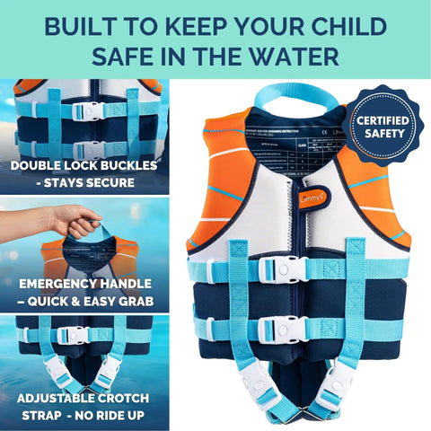 Kids Swim Vest With Integrated Foam Panel For Toddlers And Kids CE Certified Flotation Aid Secure Double Zip With YKK.