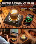 Cordless Mug Warmer With Built In Portable Charger Keeps Coffee Piping Hot On Desks Using Three Heat Settings Perfect For Office Routines And Road Trips Zero Tangled Cords Required To Slay Your Morning Brew Ritual, shown heating coffee and charging phone.