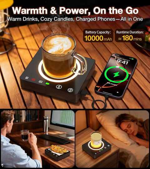 Cordless Mug Warmer With Built In Portable Charger Keeps Coffee Piping Hot On Desks Using Three Heat Settings Perfect For Office Routines And Road Trips Zero Tangled Cords Required To Slay Your Morning Brew Ritual, shown heating coffee and charging phone.
