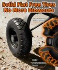 Flat Free 4.10/3.50-4 Solid Tire Wheel Kit, 10 Inch Airless Replacement With 5/8 Inch Bearings shown on a garden cart