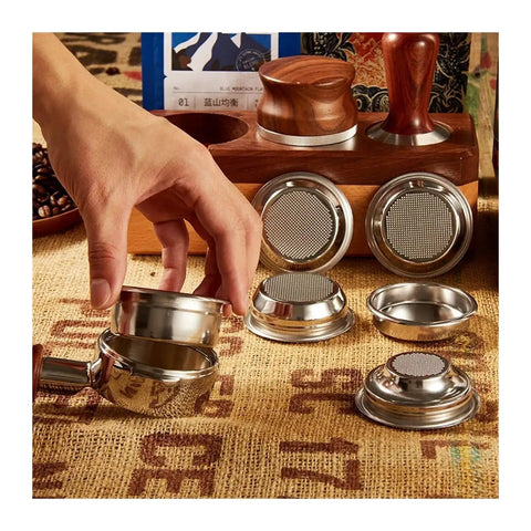 58mm Bottomless Portafilter With Slick Wood Handle And Precise Two Cup Basket For Straight Shots Heavy Duty Stainless Steel Barista Setup.