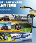 Cordless Fuel Transfer Pump With Auto Stop For No Mess Fueling Three Point Two GPM Flow Portable Diesel And Gas Pump With Fifty One Inch Hose Includes Three Adapters Compatible With Twenty Volt And Eighteen Volt Batteries Bare Tool Yellow shown refueling various vehicles.