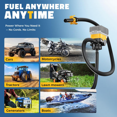 Cordless Fuel Transfer Pump With Auto Stop For No Mess Fueling Three Point Two GPM Flow Portable Diesel And Gas Pump With Fifty One Inch Hose Includes Three Adapters Compatible With Twenty Volt And Eighteen Volt Batteries Bare Tool Yellow shown refueling various vehicles.