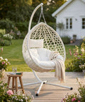 Hanging Egg Chair With Stand For Patio And Balcony, Indoor Outdoor Swing Chair With Comfy Cushioned Seat, White, garden view.