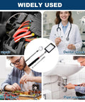 5 Piece Telescoping Inspection Mirror Set With Adjustable Round And Square Extendable Mirrors, LED Light, 33mm and 1.5lb specs for mechanics, automotive repair, and hard to reach areas, showing use in car repair, dental check-up, and pipe inspection.