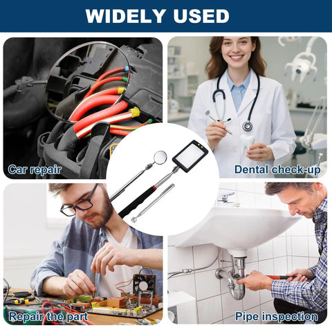 5 Piece Telescoping Inspection Mirror Set With Adjustable Round And Square Extendable Mirrors, LED Light, 33mm and 1.5lb specs for mechanics, automotive repair, and hard to reach areas, showing use in car repair, dental check-up, and pipe inspection.