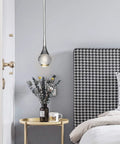Teardrop Crystal Pendant Light With Mini LED Silver Polished Nickel Finish Metal Rod Ceiling Pendant Fixture in bedroom
