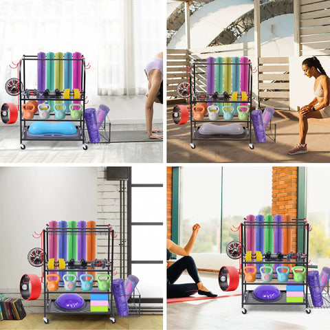 Three Tier Rolling Garage Storage System For Sports Gear And Yoga Mats Beefy Heavy Duty Organizer with balls and mats displayed