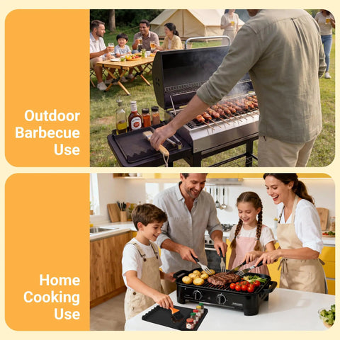 Scenes of Silicone Grill Mat for Blackstone Griddles and Outdoor Grills, Heat Resistant to 450°F, in outdoor barbecue and home cooking settings.