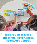 Children using Screen Free Block Based Coding Set For Kids With ScratchJr Unplug And Learn Computer Science Hands On STEM Activities