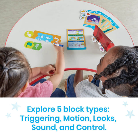 Children using Screen Free Block Based Coding Set For Kids With ScratchJr Unplug And Learn Computer Science Hands On STEM Activities