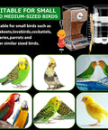 Seven Piece Bird Feeder And Water Dispenser Set For Parrot Cages No Mess Automatic Feeding Station showcasing various small birds.
