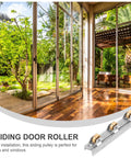 Heavy Duty Glass Sliding Door Roller Wheel Double Bearing Smooth Operator Pulley installed in a modern home with large sliding doors.