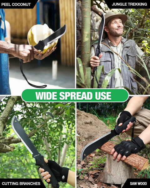 19 Inch Machete With Saw And Sheath in use for peeling coconut, jungle trekking, cutting branches, sawing wood outdoors.