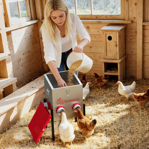Woman filling Top Shelf Metal Chicken Feeder With 30 Pound Capacity And Six Accessible Ports while chickens feed nearby.