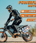 Rider on RM7 Electric Dirt Bike For Teens And Adults, 2200W Peak Motor, on rocky terrain under blue sky.