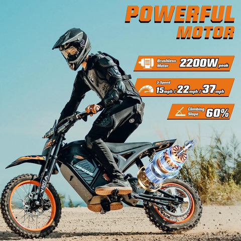 Rider on RM7 Electric Dirt Bike For Teens And Adults, 2200W Peak Motor, on rocky terrain under blue sky.