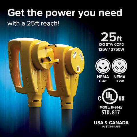 Power Grip 25-Foot 30 Amp RV And Camper Extension Cord With TT-30P To TT-30R 125V 3750W Heavy Duty 10-Gauge Copper Wire Weather Resistant PVC ETL Listed