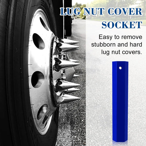 Hex Lug Nut Cover Socket Installation Tool For 1.5-Inch And 32mm/33mm Lug Nut Covers On Semi Trucks, Trailers, RVs And Heavy Duty Vehicles, blue ABS tool shown next to wheel.